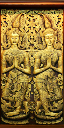 Thai traditional style door in templeの写真素材