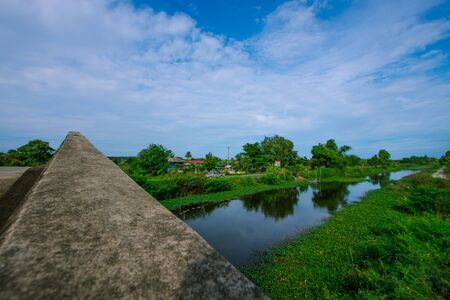 Trees by the canal and the clear sky in the countryside in Thailandの写真素材