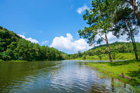 Natural scenery, lakes and mountains at Pang Ung are the tourist attractions in Mae Hong Son in Thailand.の写真素材