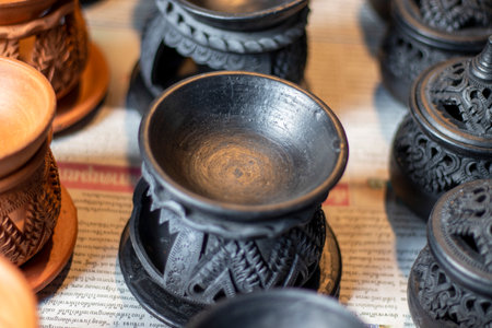 Many pottery with a blurred background on Ko Kred in Nonthaburi Province in Thailandの写真素材