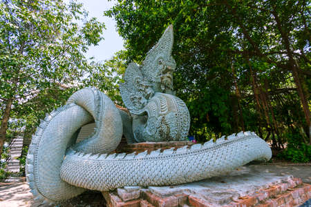 Naga statue in front of the church At Wat Pa Khlong 11 in Pathum Thani Province in Thailandの写真素材