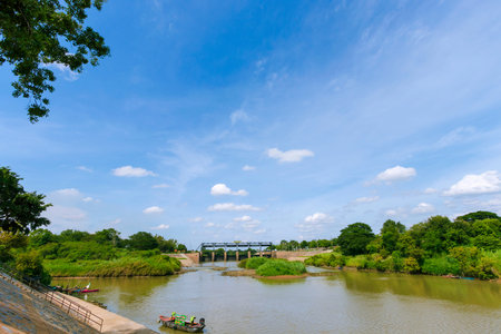 Views of the river and beautiful nature behind the Rama VI Dam, Ayutthaya province in Thailand.