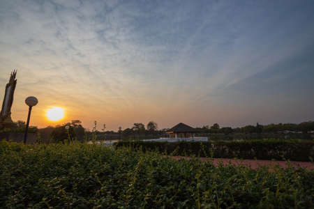 The evening view of the beautiful lake at sunsetの写真素材