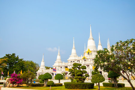 Wat Asokaram has a beautiful white pagoda in Samut Prakan Province in Thailand.