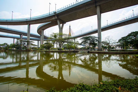 Bhumibol Bridge that crosses the Chao Phraya River and is one of the most beautiful bridges in...