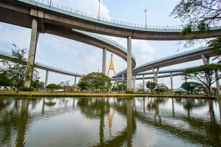 Bhumibol Bridge that crosses the Chao Phraya River and is one of the most beautiful bridges in Bangkok in Thailand.の写真素材