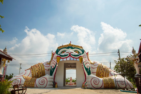 Wat Khung Tha Lao has beautiful architecture and is an important tourist attraction of Lopburi Province in Thailand.の写真素材