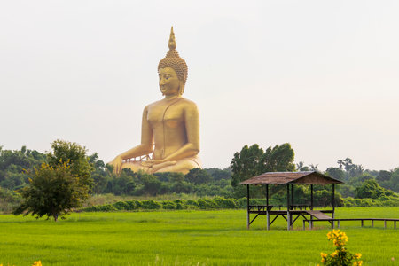 A large golden yellow Buddha image at Wat Muang, an important religious attraction in Ang Thong Province in Thailand.の写真素材
