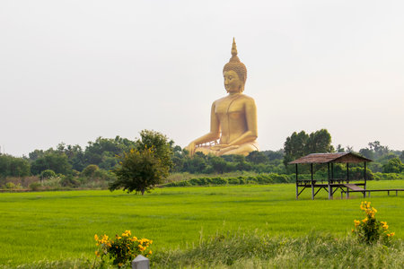 A large golden yellow Buddha image at Wat Muang, an important religious attraction in Ang Thong Province in Thailand.の写真素材