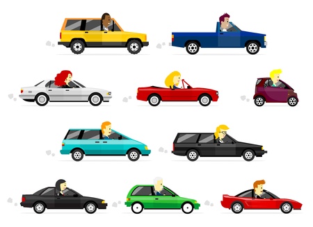 Cute Cartoon Business Man and Women Driving Various Colorful Carsのイラスト素材