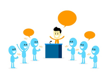 Man at podium, giving a great speech, receiving standing applauses as positive feedbacks from supporting audiences (in Flat Cartoon Style)のイラスト素材