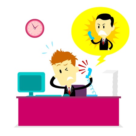 Man getting yelled at by Boss on phone while working (in Flat Cartoon Style)のイラスト素材