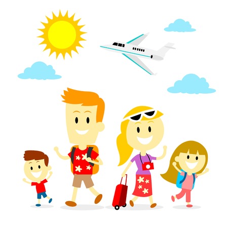 Mom, dad and two kids spending holiday with a family trip (in Flat Cartoon Style)のイラスト素材
