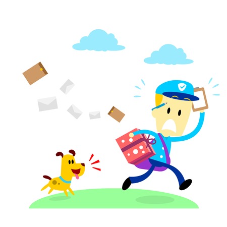 A dog chasing after a mailman (in Flat Cartoon Style)のイラスト素材