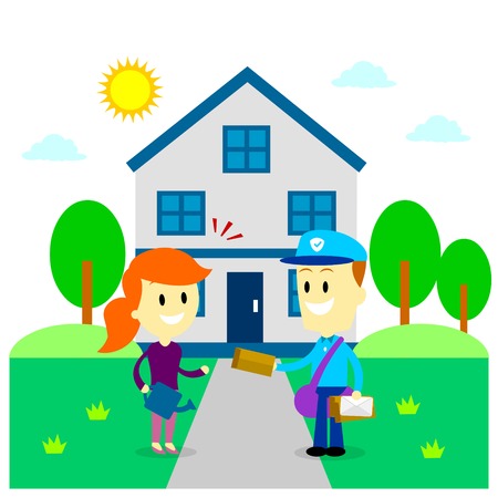 Postman Delivering A Letter to A Woman in Front of Her House (in Flat Cartoon Style)のイラスト素材
