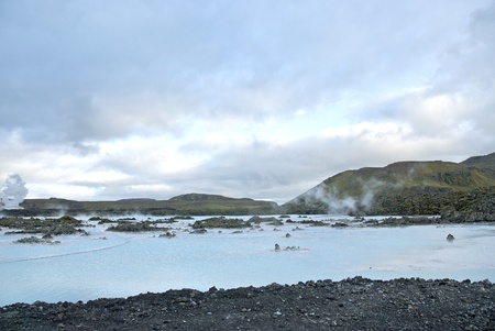 blue lagoon volcanic landscape near reykjavik icelandの写真素材