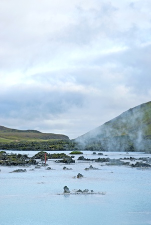 blue lagoon volcanic landscape near reykjavik icelandの写真素材
