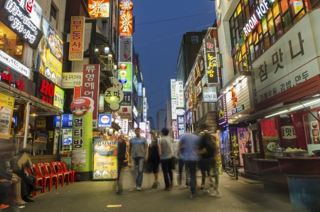 shopping street in central seoul south korea at nightのeditorial素材