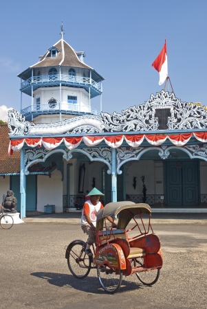becak cyclo taxi in solo city java indonesiaのeditorial素材