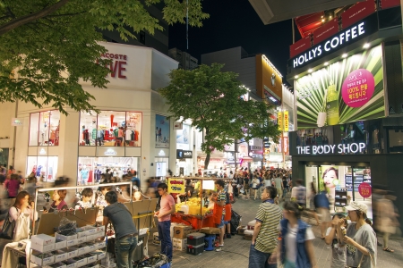 myeongdong shopping street in seoul south korea at nightのeditorial素材