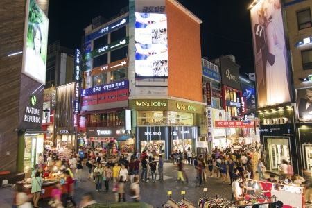 myeongdong shopping street in seoul south korea at nightのeditorial素材