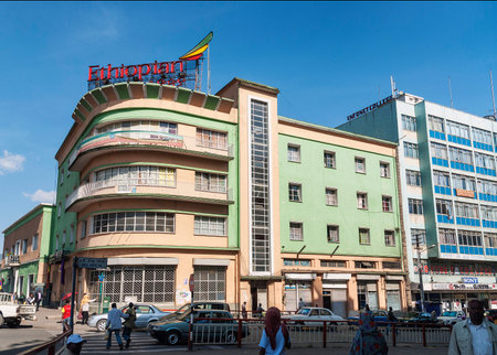retro vintage buildings in street of central addis ababa ethiopiaのeditorial素材