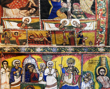 ancient  ethiopian orthodox church interior painted walls in gondar ethiopiaのeditorial素材