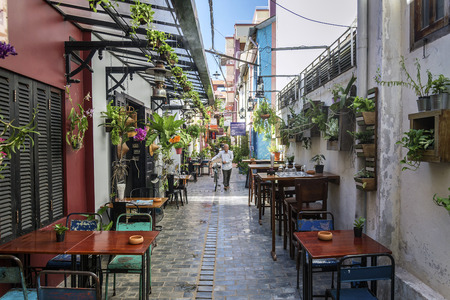 alley with tourist restaurants and bars in siem reap old town cambodiaのeditorial素材