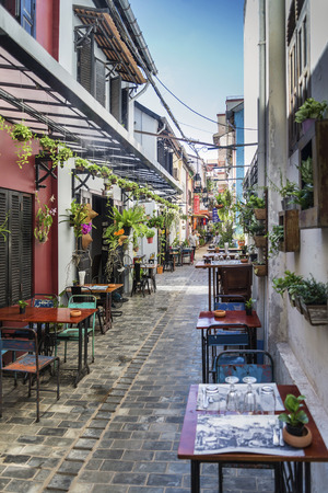alley with tourist restaurants and bars in siem reap old town cambodiaのeditorial素材