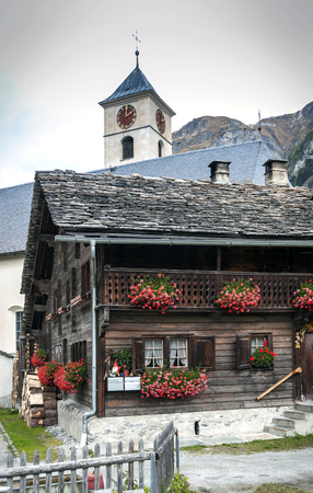 traditional swiss alps rural wood houses in vals village of alpine switzerlandのeditorial素材