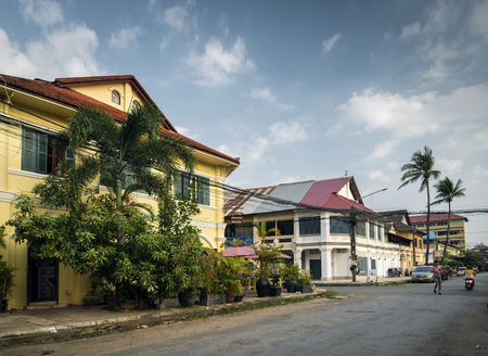 old french colonial architecture buildings in kampot downtown street cambodiaのeditorial素材