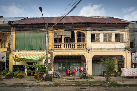 old french colonial architecture buildings in kampot downtown street cambodiaのeditorial素材