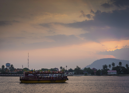 landmark old bridge and river at sunset in kampot cambodiaのeditorial素材
