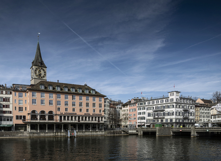 central zurich city old town and limmat river landmark view in switzerlandのeditorial素材