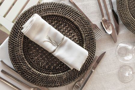 natural rustic style wedding table set decoration design and cutlery detailの写真素材