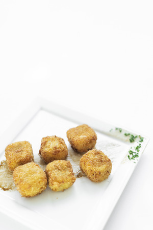 fried mashed potato square croquettes simple vegetarian side dish on white plateの写真素材