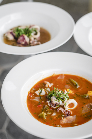 caldeirada de lulas squid seafood stew soup in spicy tomato and vegetable sauce in lisbon restaurantの写真素材