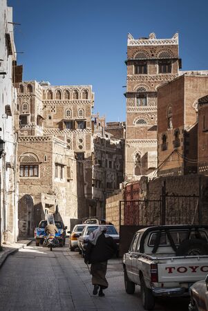 street scene and local heritage architecture buildings in old town of sanaa yemenのeditorial素材