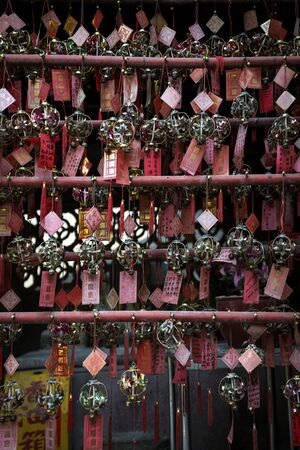 traditional lucky hanging ball decorations in A-ma chinese temple interior in macau chinaのeditorial素材