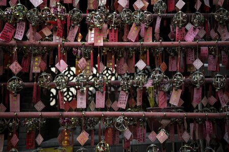 traditional lucky hanging ball decorations in A-ma chinese temple interior in macau chinaのeditorial素材