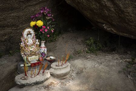 small chinese traditional shrine detail in a-ma temple macau chinaのeditorial素材