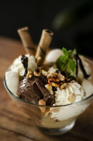 organic chocolate and mint vanilla ice cream sundae dessert in bowlの写真素材