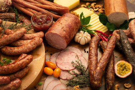 buffet table of traditional european gourmet cold cuts sausage and ham selection