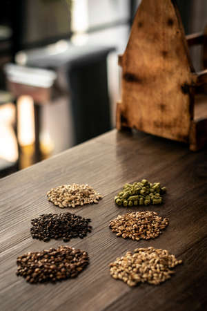 Barley malt grains beer brewing natural traditional ingredients in german breweryの写真素材