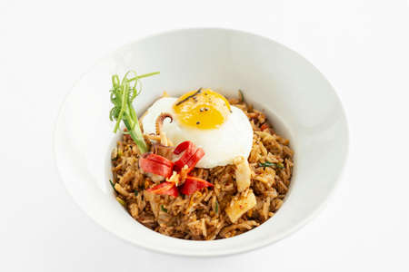 khmer cambodian traditional mixed seafood spicy fried rice meal on white backgroundの写真素材