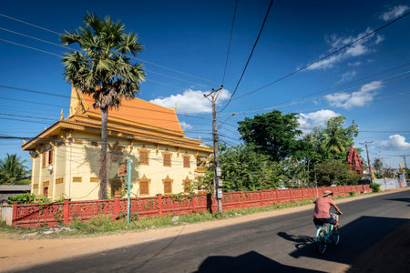 street outside buddhist temple pagoda exterior in Chhlong near Kratie in cambodiaのeditorial素材