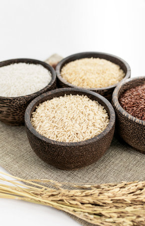 different kinds of asian rice grains in rustic setting display in Cambodia