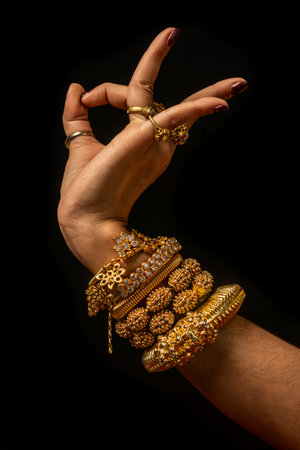 Khmer apsara traditional dance  performer hand gesture on black background in cambodiaの写真素材