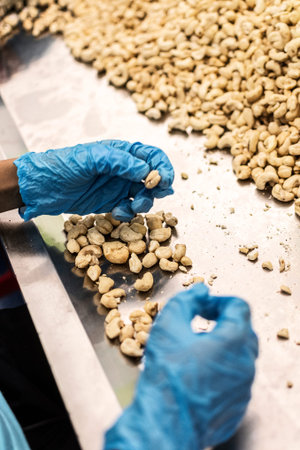 workers sorting cashew nuts at modern industrial agriculture factory in cambodia indoorsの写真素材