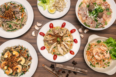 popular traditional vietnamese food dishes on restaurant table in hanoi vietnam